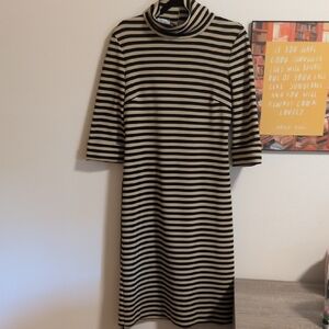 Vintage Striped Black & Cream Turtleneck Dress Sz 10? P2P:20 Should2hem:42inW:19